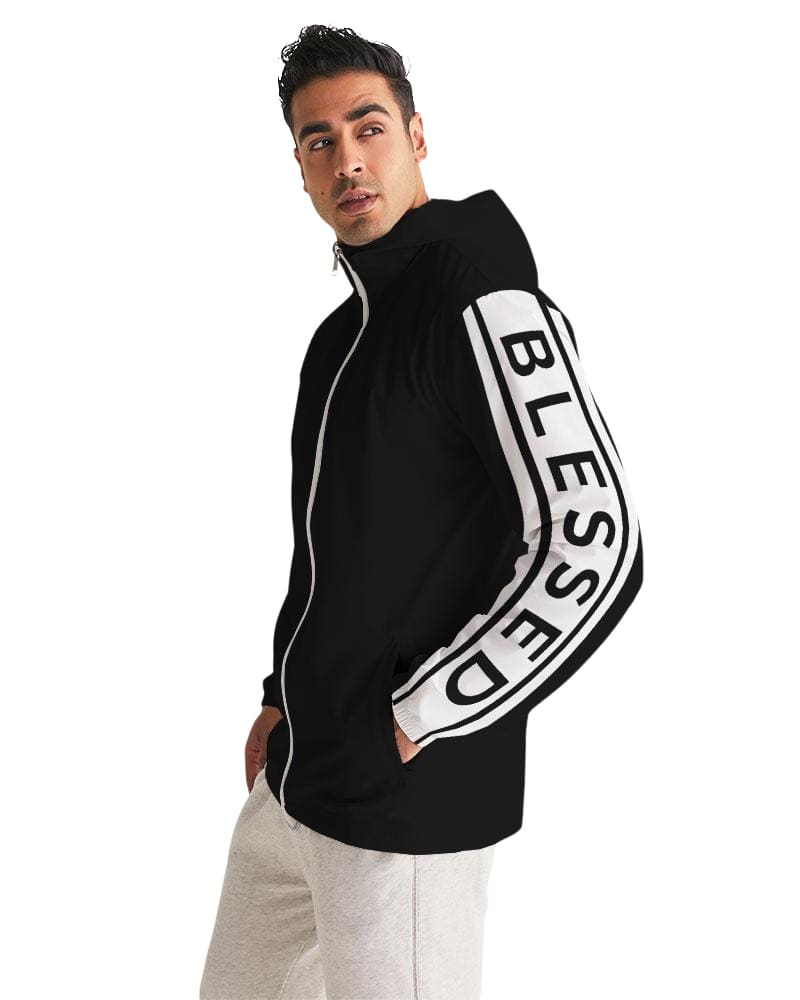 Mens Lightweight Windbreaker Jacket With Hood And Zipper Closure, Blessed Sleeve Illustration by inQue.Style