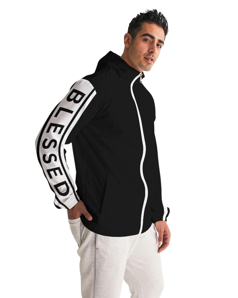 Mens Lightweight Windbreaker Jacket With Hood And Zipper Closure, Blessed Sleeve Illustration by inQue.Style